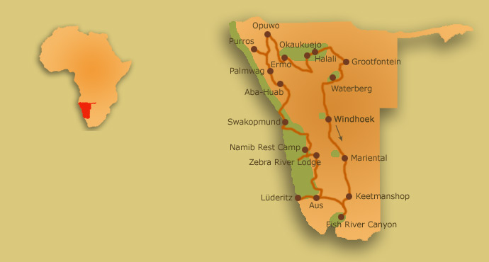 Carte du parcours en Namibie